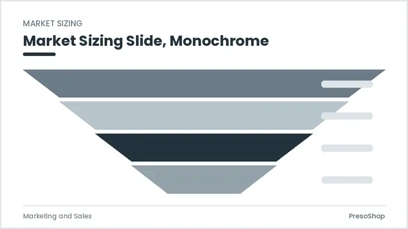 Editable PowerPoint market sizing slide template in a monochrome treatment, built from recolourable native shapes for marketing and sales decks