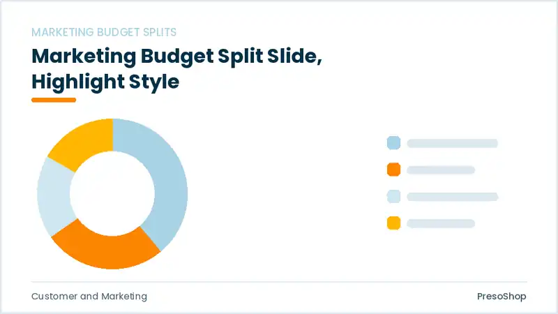 Editable PowerPoint marketing budget split slide template with an accented takeaway, built from recolourable native shapes for customer and marketing decks