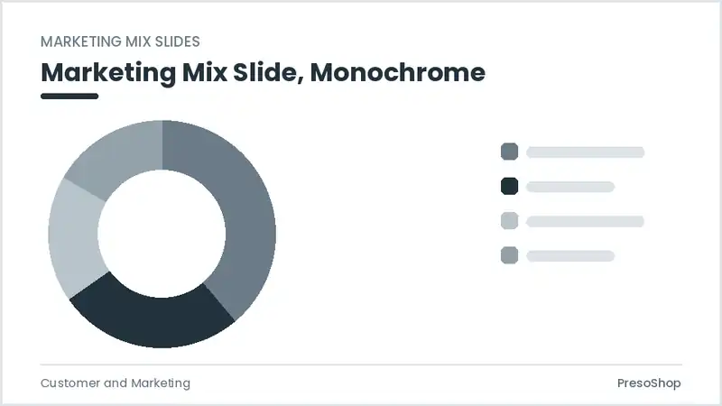 Editable PowerPoint marketing mix slide template in a monochrome treatment, built from recolourable native shapes for customer and marketing decks
