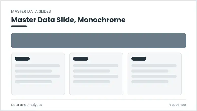 Editable PowerPoint master data slide template in a monochrome treatment, built from recolourable native shapes for data and analytics decks