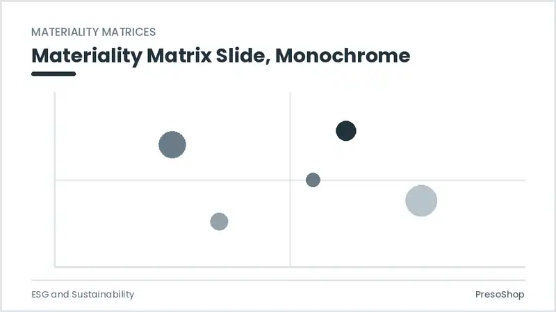 Editable PowerPoint materiality matrix slide template in a monochrome treatment, built from recolourable native shapes for esg and sustainability decks