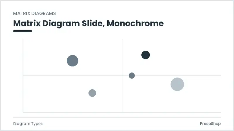 Editable PowerPoint matrix diagram slide template in a monochrome treatment, built from recolourable native shapes for diagram types decks