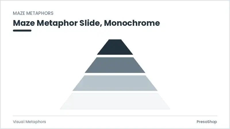 Editable PowerPoint maze metaphor slide template in a monochrome treatment, built from recolourable native shapes for visual metaphors decks