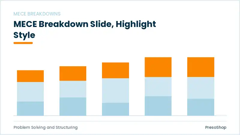 Editable PowerPoint mece breakdown slide template with an accented takeaway, built from recolourable native shapes for problem solving and structuring decks