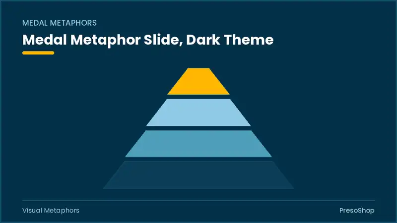 Editable PowerPoint medal metaphor slide template in a dark theme, built from recolourable native shapes for visual metaphors decks