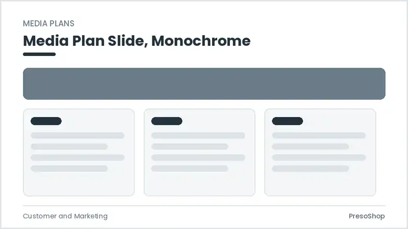 Editable PowerPoint media plan slide template in a monochrome treatment, built from recolourable native shapes for customer and marketing decks