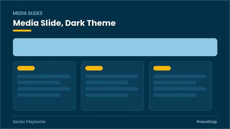 Editable PowerPoint media slide template in a dark theme, built from recolourable native shapes for sector playbooks decks