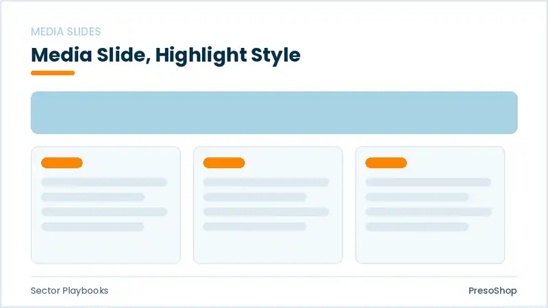Editable PowerPoint media slide template with an accented takeaway, built from recolourable native shapes for sector playbooks decks