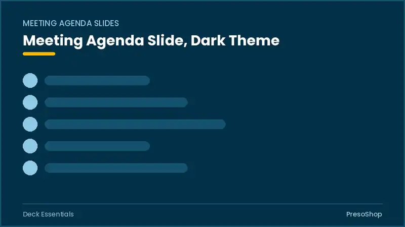 Editable PowerPoint meeting agenda slide template in a dark theme, built from recolourable native shapes for deck essentials decks