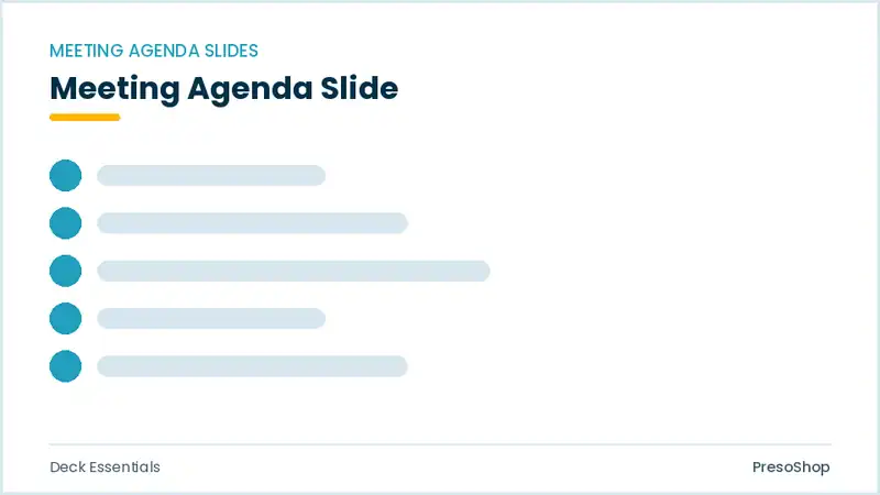 Editable PowerPoint meeting agenda slide template, built from recolourable native shapes for deck essentials decks