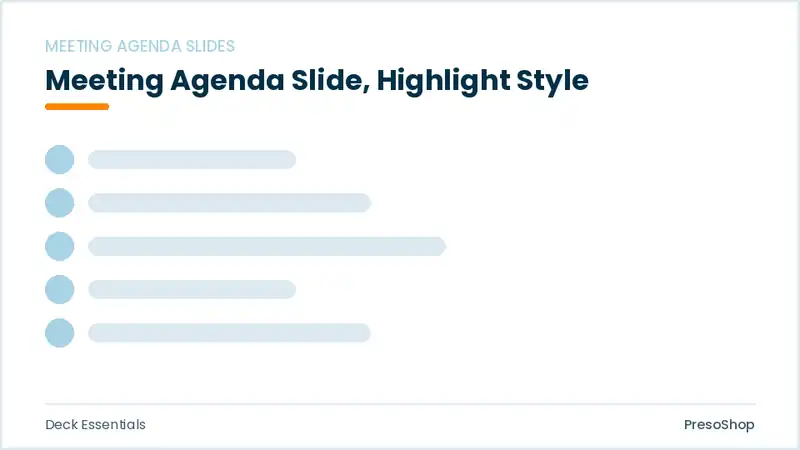Editable PowerPoint meeting agenda slide template with an accented takeaway, built from recolourable native shapes for deck essentials decks