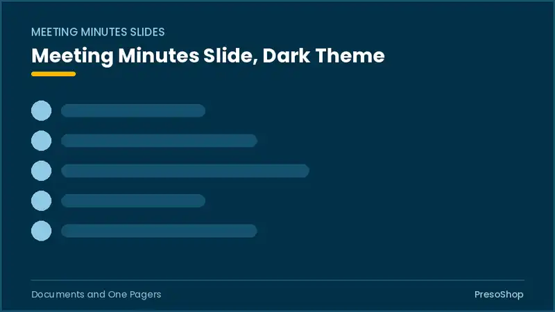 Editable PowerPoint meeting minutes slide template in a dark theme, built from recolourable native shapes for documents and one pagers decks