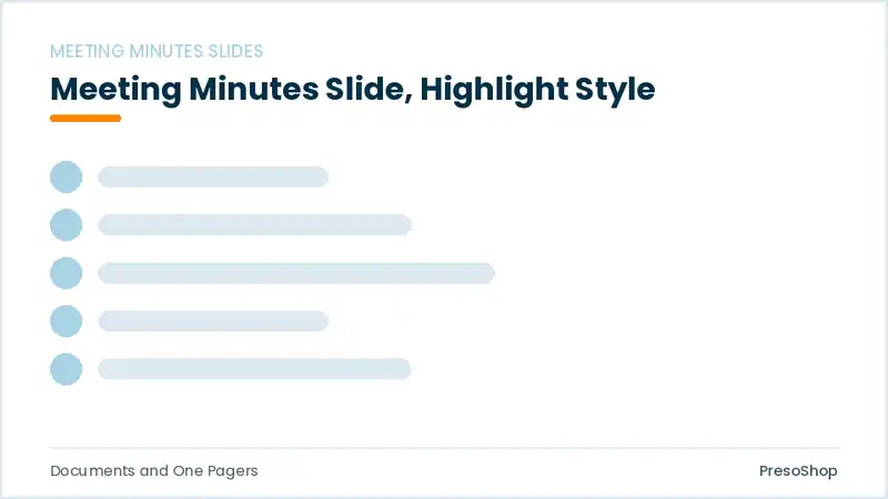 Editable PowerPoint meeting minutes slide template with an accented takeaway, built from recolourable native shapes for documents and one pagers decks