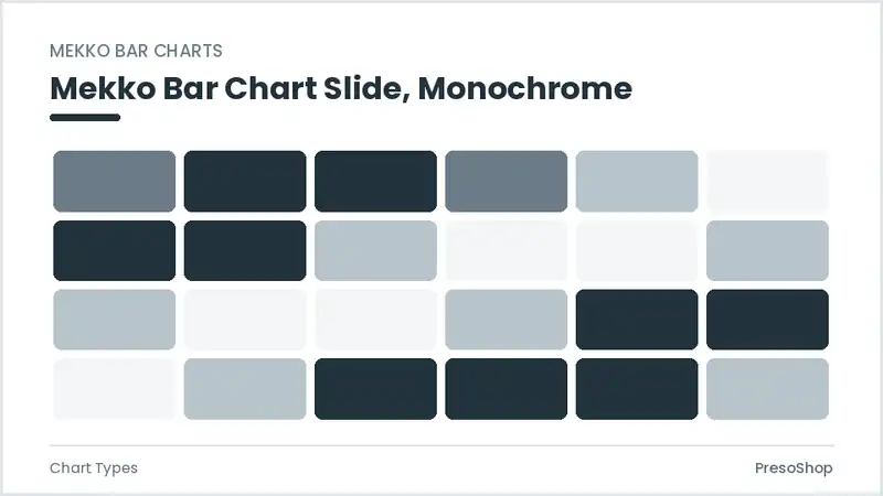 Editable PowerPoint mekko bar chart slide template in a monochrome treatment, built from recolourable native shapes for chart types decks