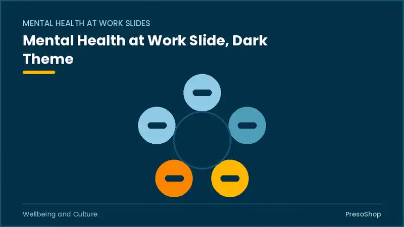 Editable PowerPoint mental health at work slide template in a dark theme, built from recolourable native shapes for wellbeing and culture decks