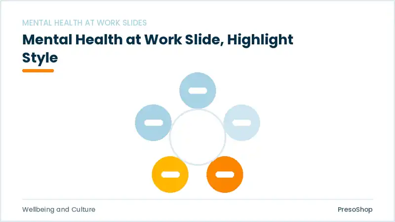 Editable PowerPoint mental health at work slide template with an accented takeaway, built from recolourable native shapes for wellbeing and culture decks