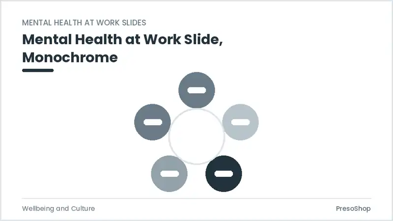 Editable PowerPoint mental health at work slide template in a monochrome treatment, built from recolourable native shapes for wellbeing and culture decks