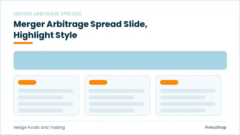 Editable PowerPoint merger arbitrage spread slide template with an accented takeaway, built from recolourable native shapes for hedge funds and trading decks