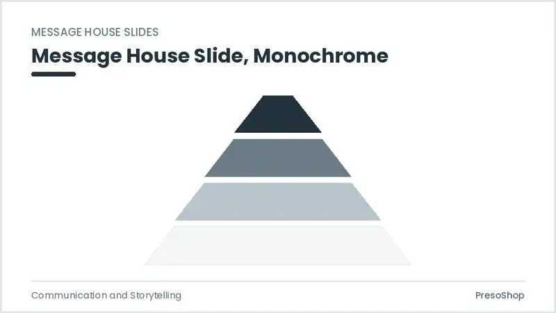 Editable PowerPoint message house slide template in a monochrome treatment, built from recolourable native shapes for communication and storytelling decks