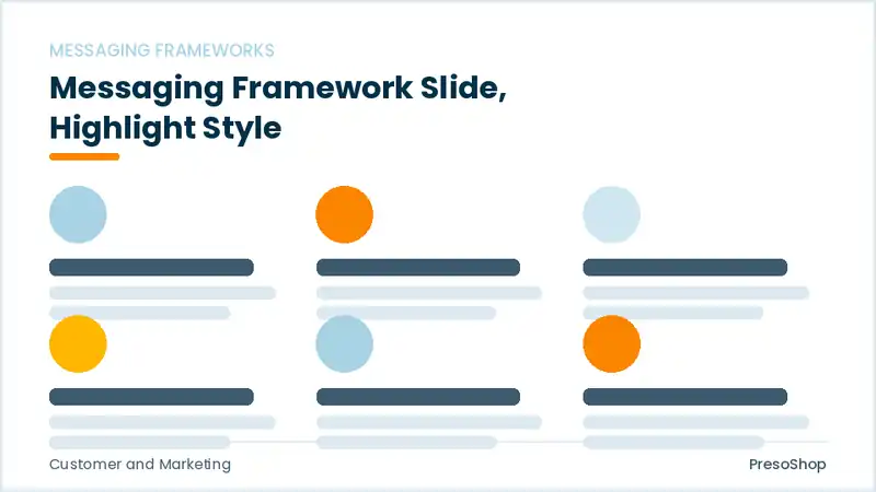 Editable PowerPoint messaging framework slide template with an accented takeaway, built from recolourable native shapes for customer and marketing decks