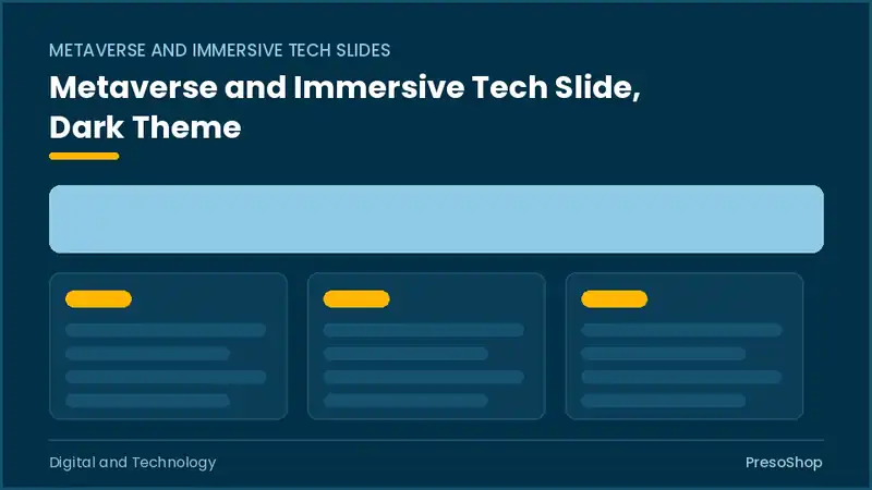 Editable PowerPoint metaverse and immersive tech slide template in a dark theme, built from recolourable native shapes for digital and technology decks