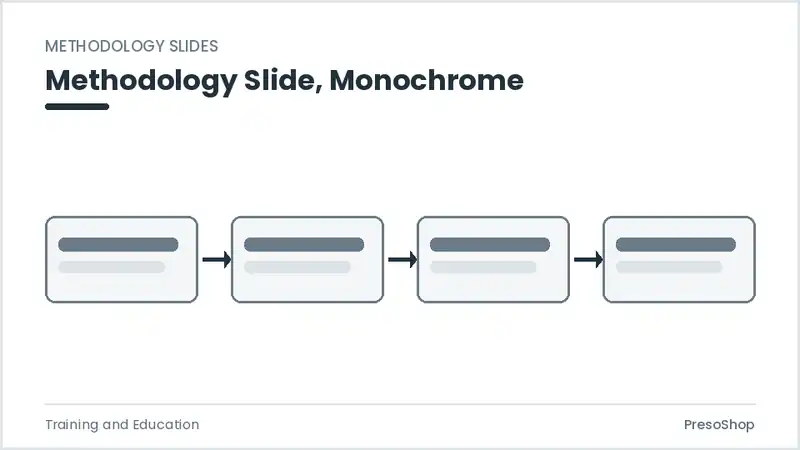 Editable PowerPoint methodology slide template in a monochrome treatment, built from recolourable native shapes for training and education decks