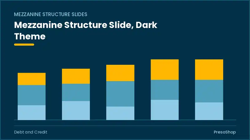 Editable PowerPoint mezzanine structure slide template in a dark theme, built from recolourable native shapes for debt and credit decks