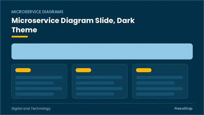Editable PowerPoint microservice diagram slide template in a dark theme, built from recolourable native shapes for digital and technology decks