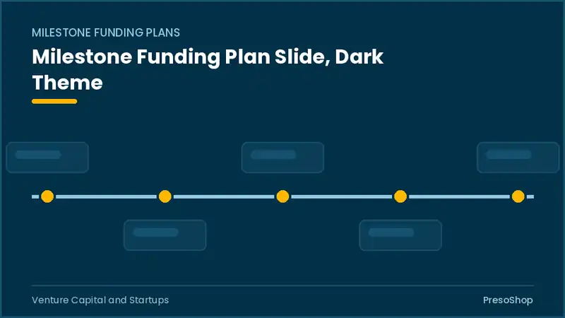Editable PowerPoint milestone funding plan slide template in a dark theme, built from recolourable native shapes for venture capital and startups decks