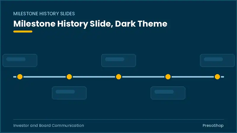 Editable PowerPoint milestone history slide template in a dark theme, built from recolourable native shapes for investor and board communication decks