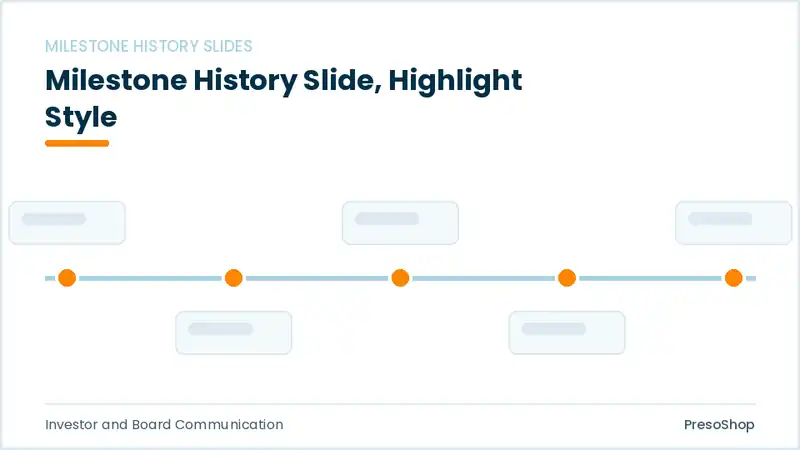 Editable PowerPoint milestone history slide template with an accented takeaway, built from recolourable native shapes for investor and board communication decks