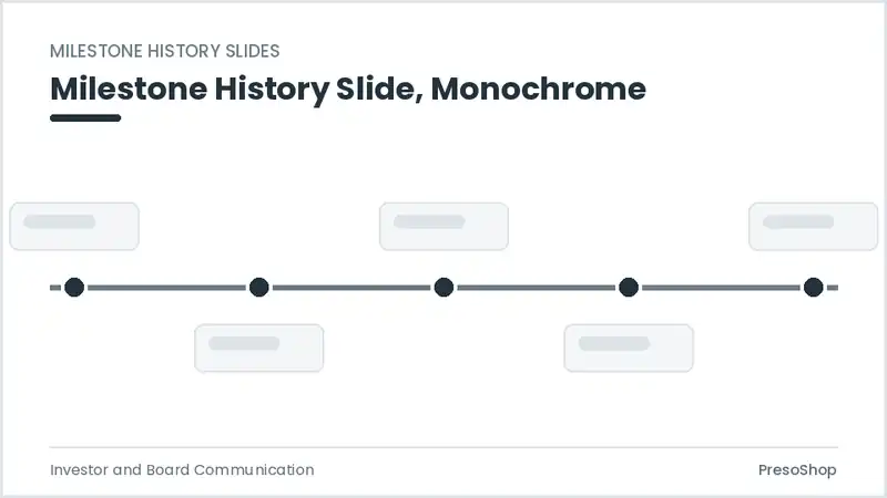 Editable PowerPoint milestone history slide template in a monochrome treatment, built from recolourable native shapes for investor and board communication decks