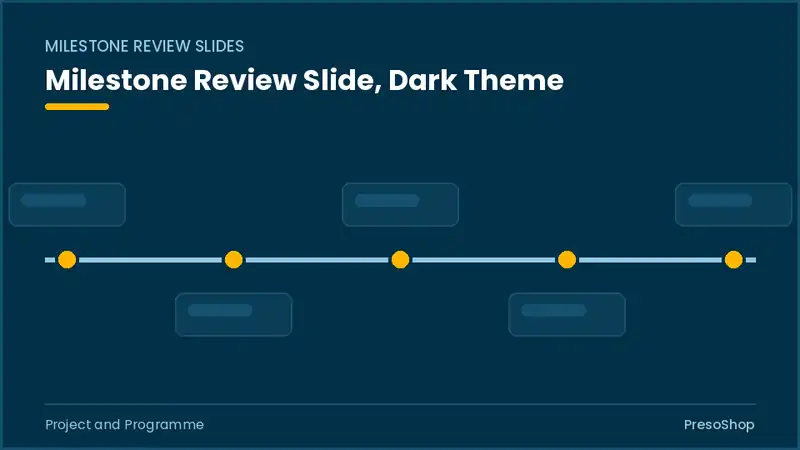 Editable PowerPoint milestone review slide template in a dark theme, built from recolourable native shapes for project and programme decks