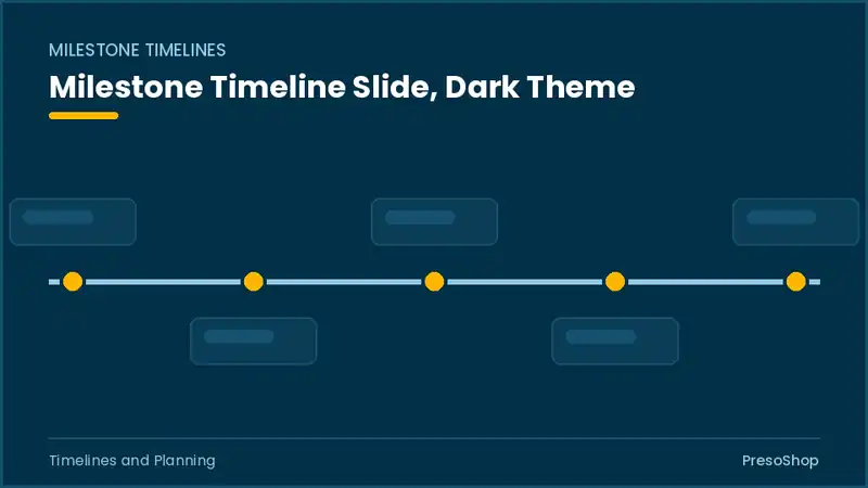 Editable PowerPoint milestone timeline slide template in a dark theme, built from recolourable native shapes for timelines and planning decks