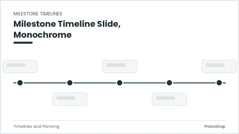 Editable PowerPoint milestone timeline slide template in a monochrome treatment, built from recolourable native shapes for timelines and planning decks