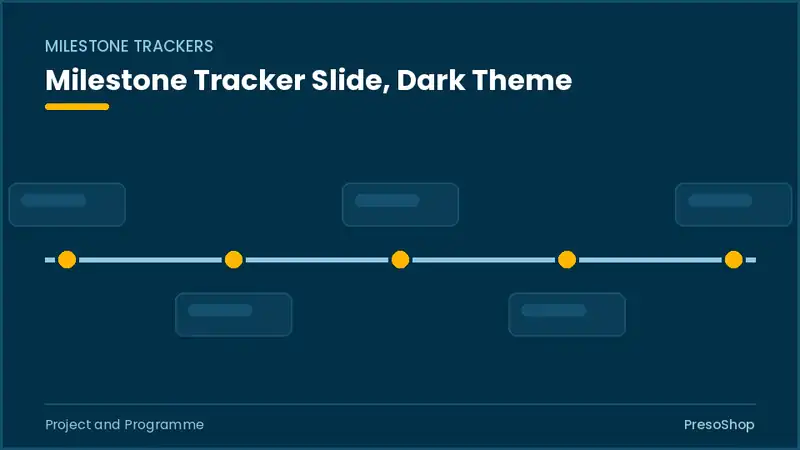 Editable PowerPoint milestone tracker slide template in a dark theme, built from recolourable native shapes for project and programme decks