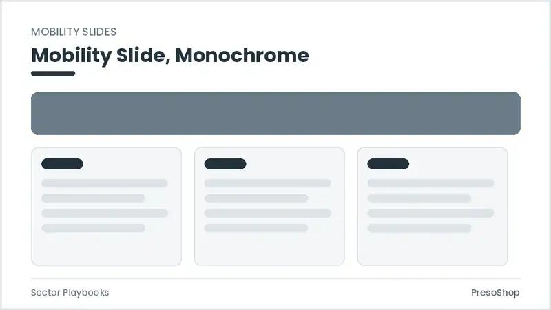 Editable PowerPoint mobility slide template in a monochrome treatment, built from recolourable native shapes for sector playbooks decks