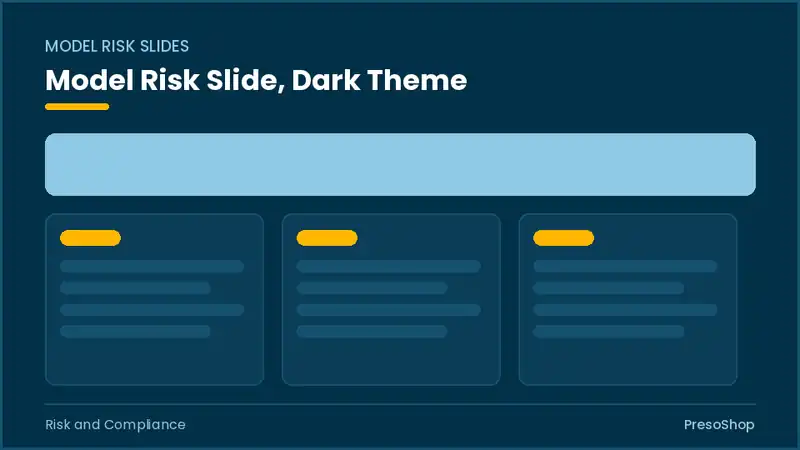 Editable PowerPoint model risk slide template in a dark theme, built from recolourable native shapes for risk and compliance decks