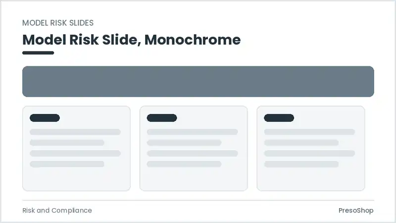 Editable PowerPoint model risk slide template in a monochrome treatment, built from recolourable native shapes for risk and compliance decks