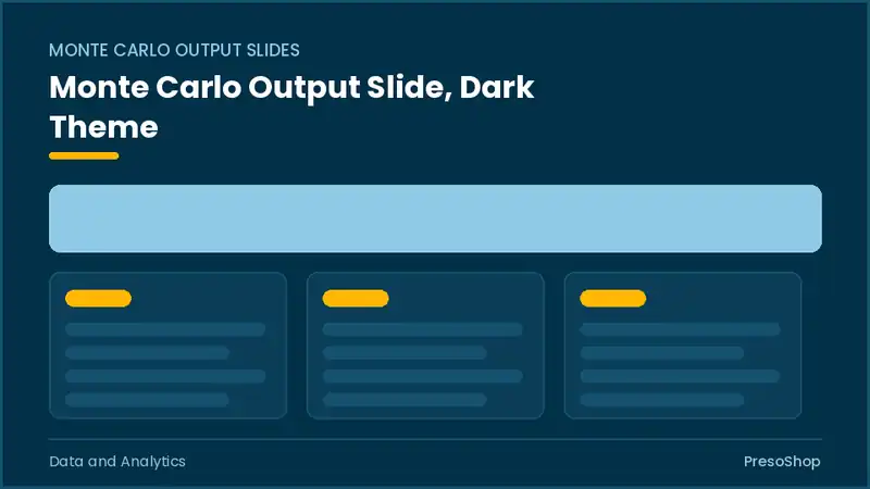 Editable PowerPoint monte carlo output slide template in a dark theme, built from recolourable native shapes for data and analytics decks