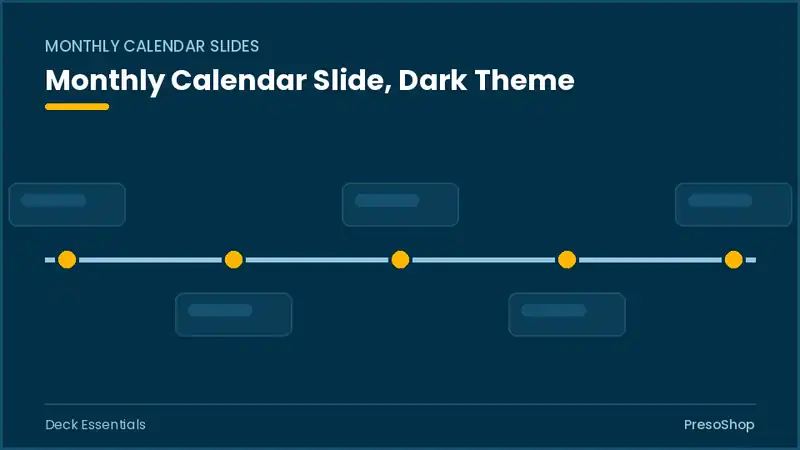 Editable PowerPoint monthly calendar slide template in a dark theme, built from recolourable native shapes for deck essentials decks
