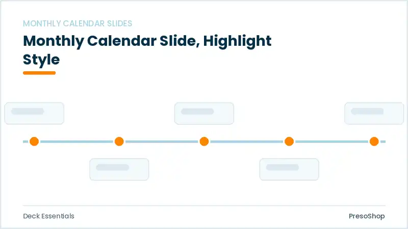 Editable PowerPoint monthly calendar slide template with an accented takeaway, built from recolourable native shapes for deck essentials decks