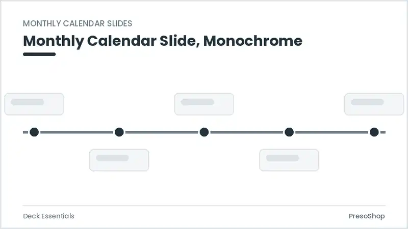 Editable PowerPoint monthly calendar slide template in a monochrome treatment, built from recolourable native shapes for deck essentials decks