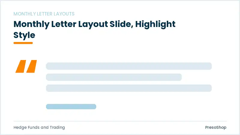 Editable PowerPoint monthly letter layout slide template with an accented takeaway, built from recolourable native shapes for hedge funds and trading decks