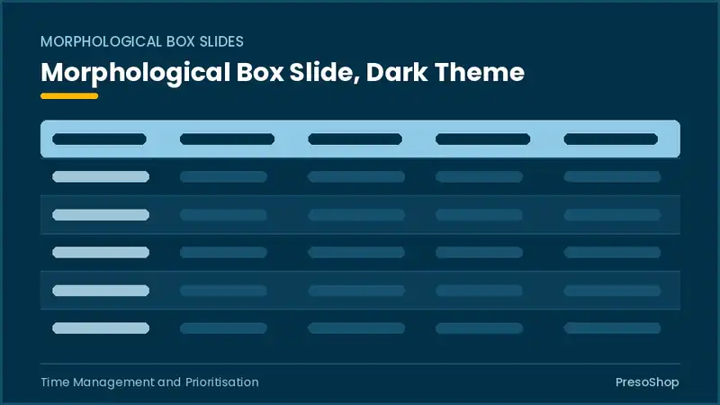 Editable PowerPoint morphological box slide template in a dark theme, built from recolourable native shapes for time management and prioritisation decks