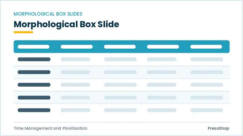 Editable PowerPoint morphological box slide template, built from recolourable native shapes for time management and prioritisation decks