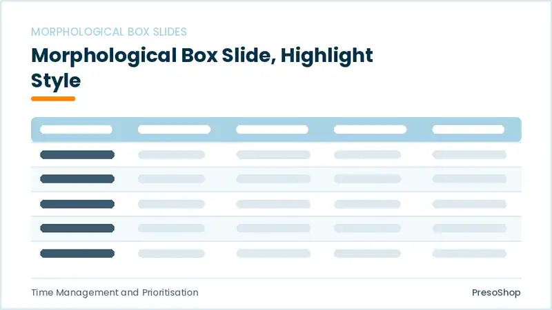 Editable PowerPoint morphological box slide template with an accented takeaway, built from recolourable native shapes for time management and prioritisation decks