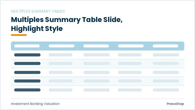 Editable PowerPoint multiples summary table slide template with an accented takeaway, built from recolourable native shapes for investment banking valuation decks