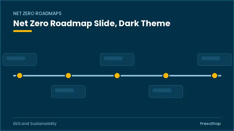 Editable PowerPoint net zero roadmap slide template in a dark theme, built from recolourable native shapes for esg and sustainability decks