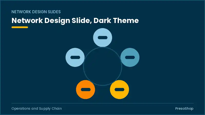Editable PowerPoint network design slide template in a dark theme, built from recolourable native shapes for operations and supply chain decks